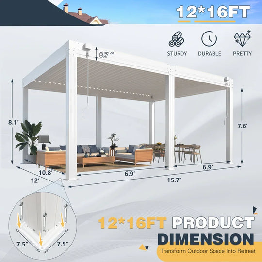 Outdoor Louvered Pergola Gazebo with Adjustable Aluminum Rainproof Roof and Pull-Down Screen