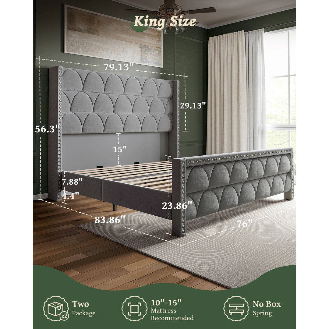 Hansabenne Solid Wood Bed Frame Queen and King Platform Bed Frame with Headboard White and Gray