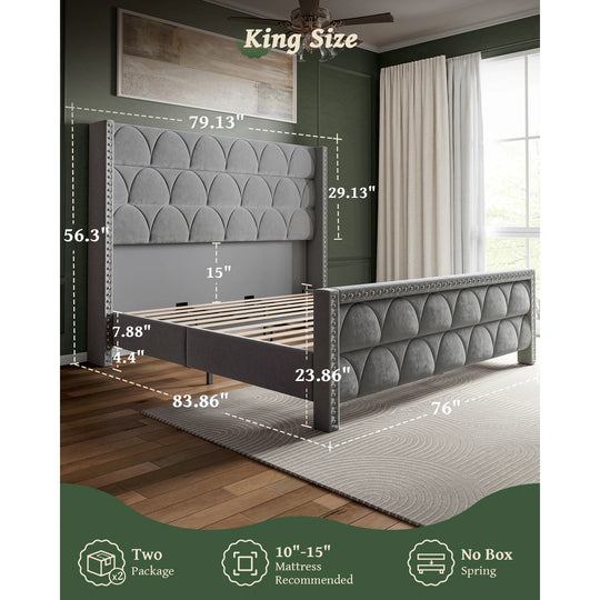 Hansabenne Solid Wood Bed Frame Queen and King Platform Bed Frame with Headboard White and Gray