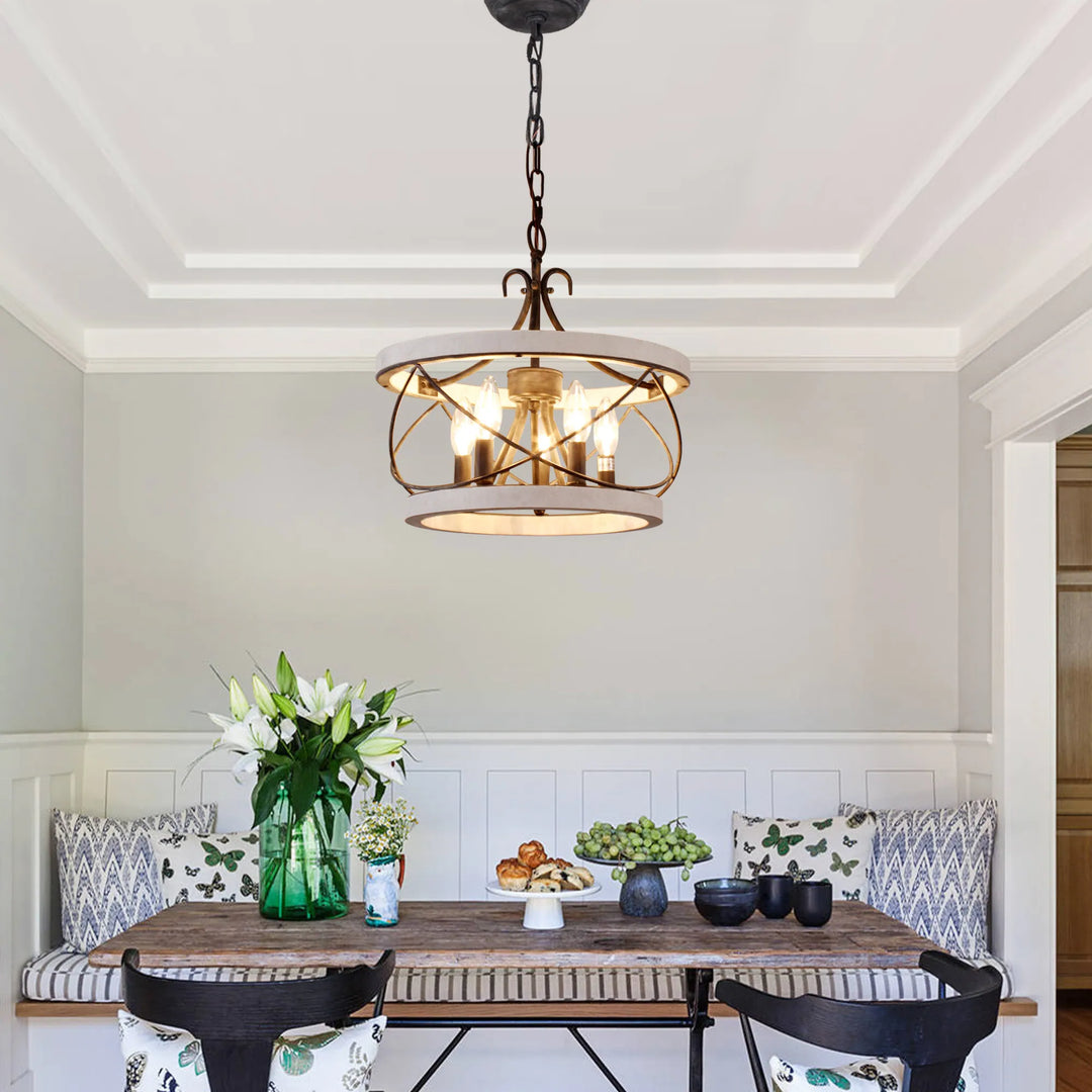 5-Light Rustic Cage Wood Chandelier Dimmable Lighting, 15.7" Adjustable Farmhouse Pendant Light for Kitchen Island