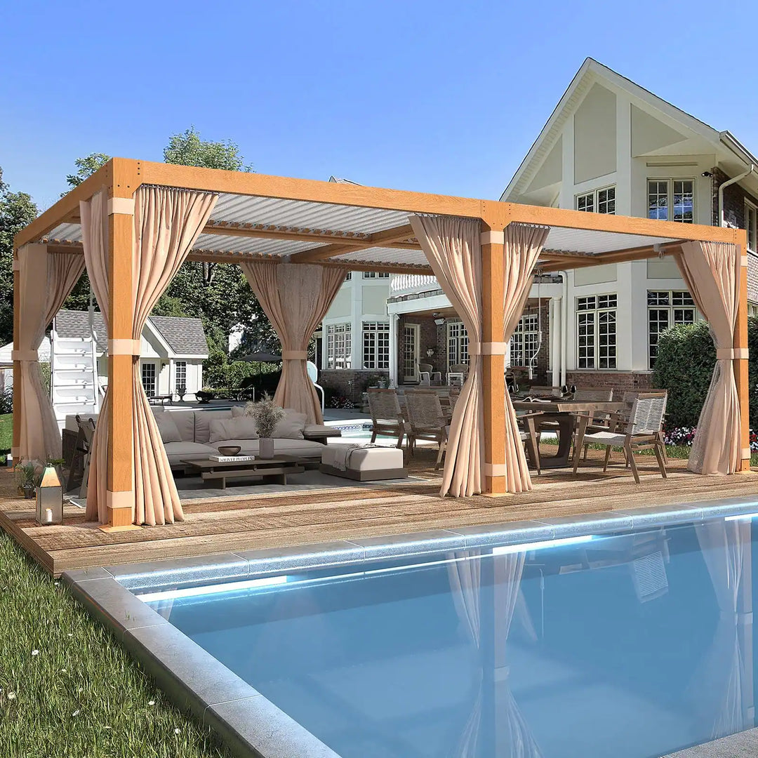 Outdoor Louvered Pergola Gazebo with Adjustable Aluminum Rainproof Roof and Pull-Down Screen