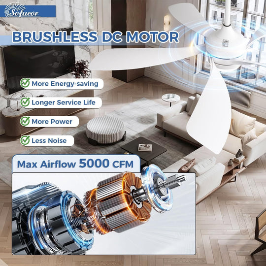 Sofucor 45/52 Inch Ceiling Fan with Remote & Lights Quiet DC Motor 5 Blade High CFM Modern Fan