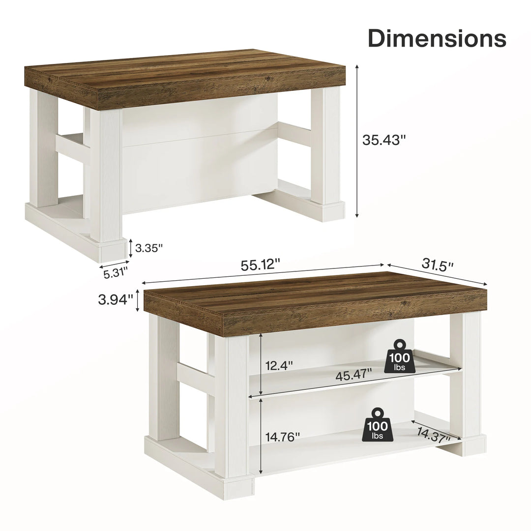 55-Inch Stationary Kitchen Island with Storage Shelves and Large Worktop, Farmhouse Style, Light Brown