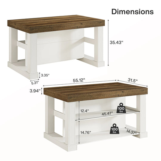 55-Inch Stationary Kitchen Island with Storage Shelves and Large Worktop, Farmhouse Style, Light Brown