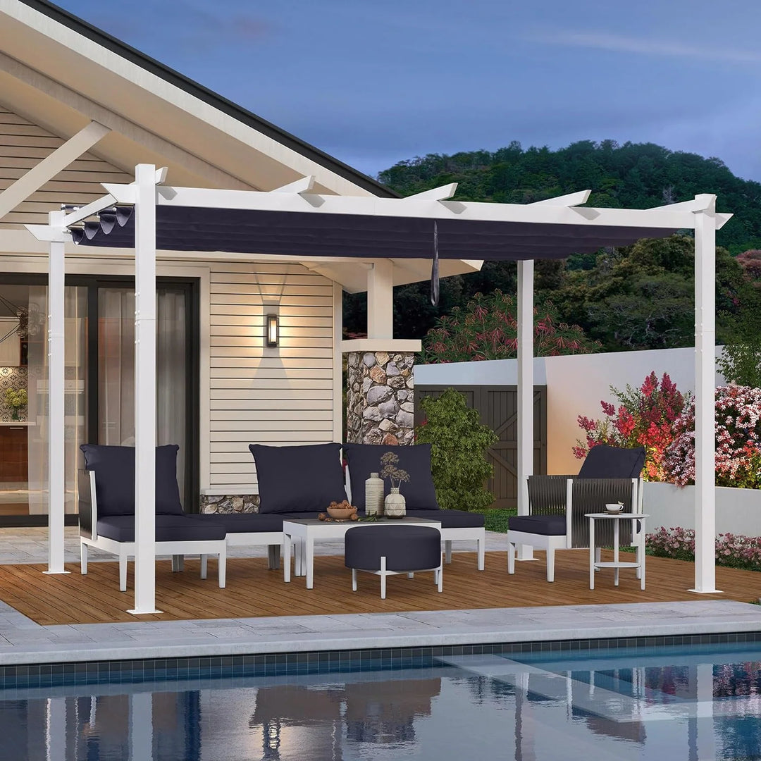 Gazebo Outdoor Retractable White Heavy-Duty Aluminum Pergola with Extra Top Roof