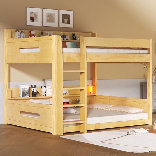 Queen over Queen Bunk Bed with Storage Shelves & USB Ports by