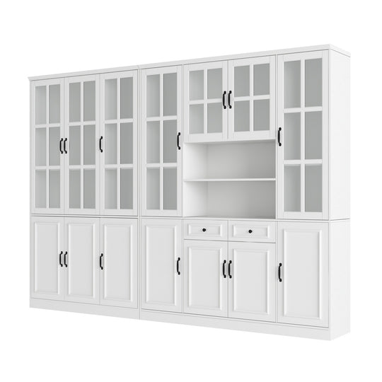 78.7"H Combo Buffet Sideboard White Curio Bookcase Cabinet Glass Door