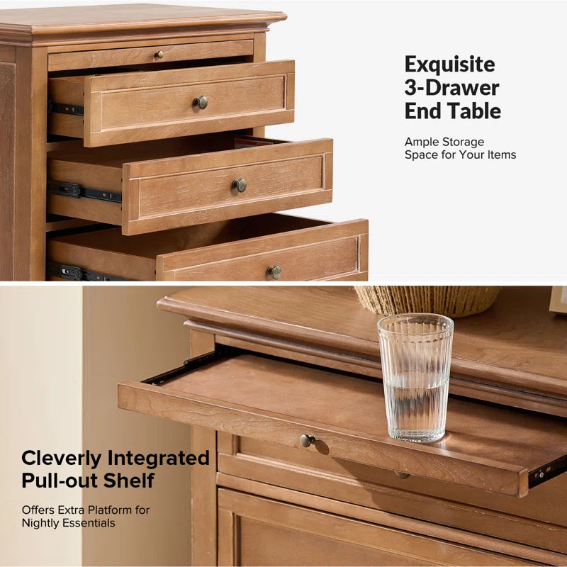 Arthelia Traditional 28.37''W 3-Drawer End Table with Charging Station and Pull-Out Shelf