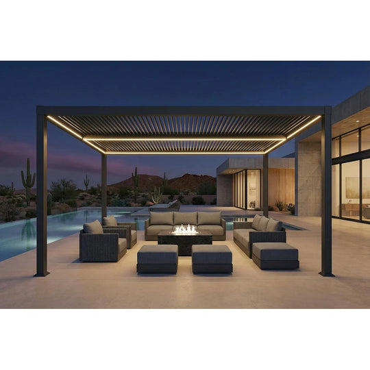 Solar Louvered Pergola with LED String Lights Aluminum Outdoor Pergola with Adjustable Roof for Patio Garden