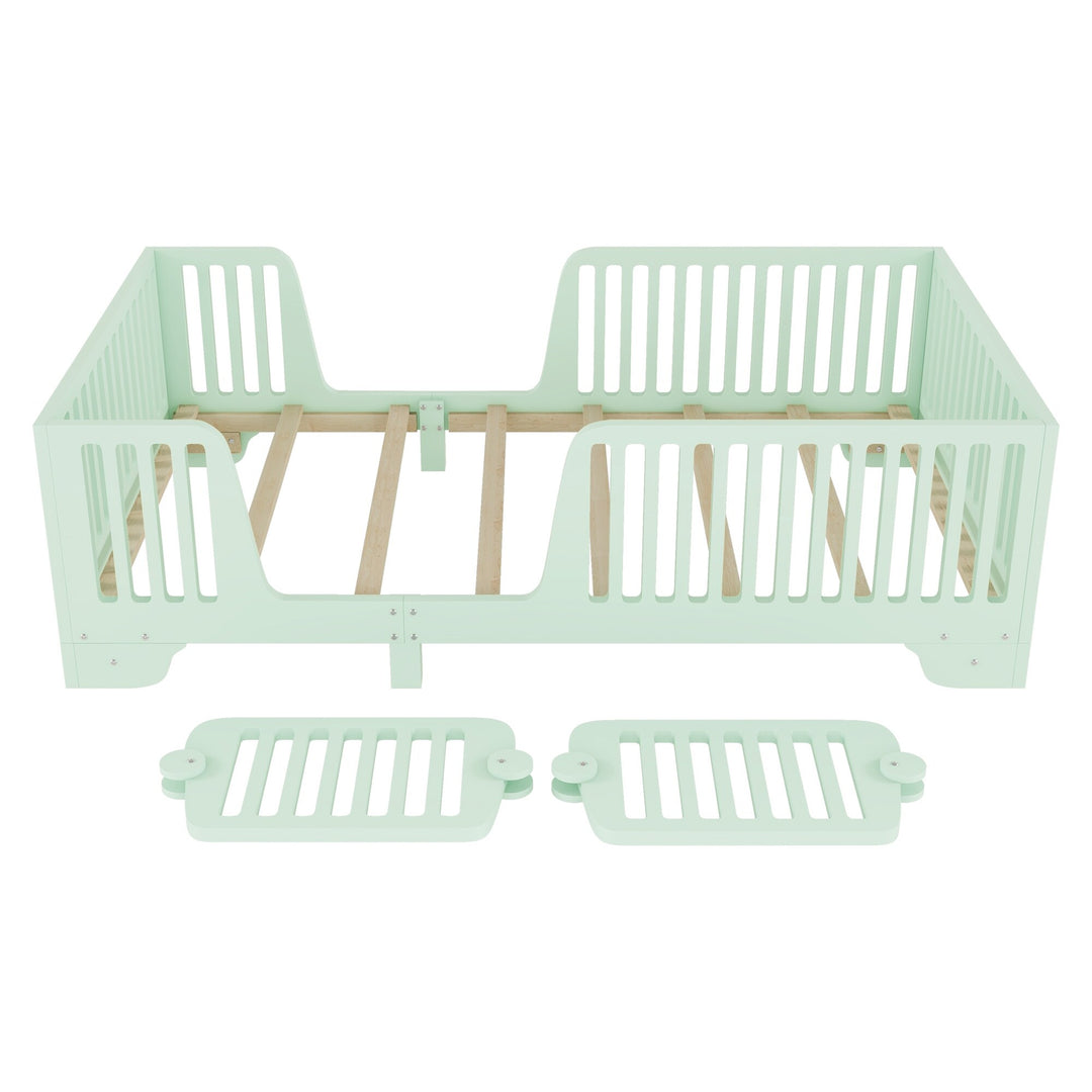 Full Size Montessori Floor Bed Frame with Safety Rails and Removable Door, Low Profile Kids Bed with Slatted Support