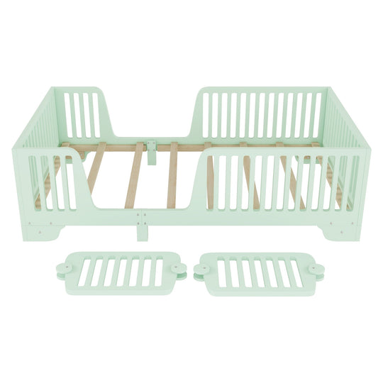 Full Size Montessori Floor Bed Frame with Safety Rails and Removable Door, Low Profile Kids Bed with Slatted Support
