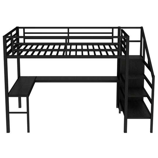 Queen Size Loft Bed with L-Shaped Desk and USB, Metal Loft Bed with Wardrobe and Adjustable Shelf, High Loft Bed with LED