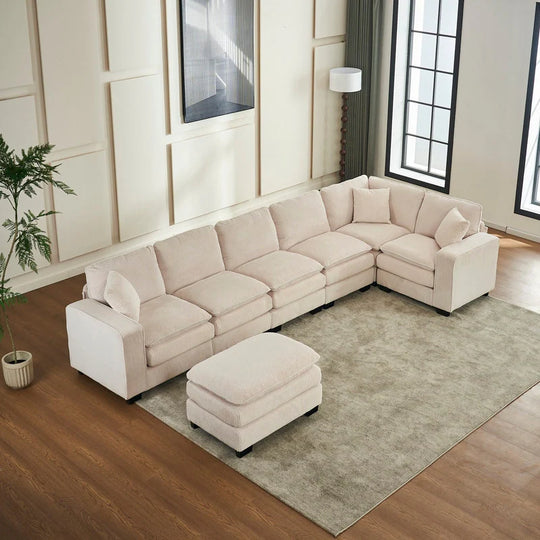 Modern U-Shaped 6-Seater Sectional Sofa with One Footstool