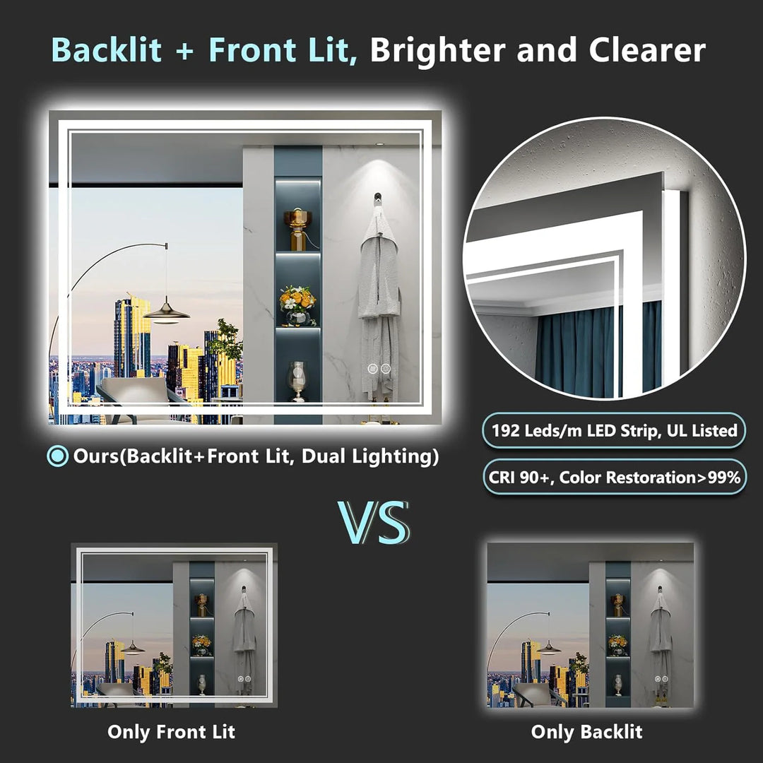 Full Size Front & Back LED Lighted Anti-Fog Tempered Glass Wall Bathroom Vanity Mirror, 3-Year Warranty & ETL Certification