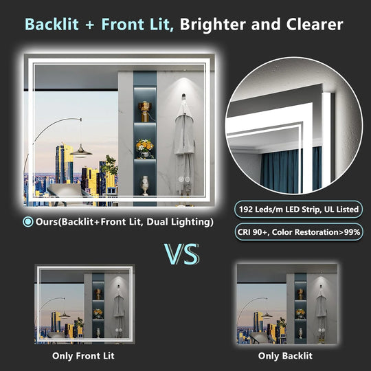 Full Size Front & Back LED Lighted Anti-Fog Tempered Glass Wall Bathroom Vanity Mirror, 3-Year Warranty & ETL Certification