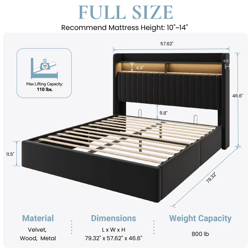 Hydraulic Lift up Storage Upholstered Platform Wingback LED Bed with 2-Tier Shelves and Charging Station