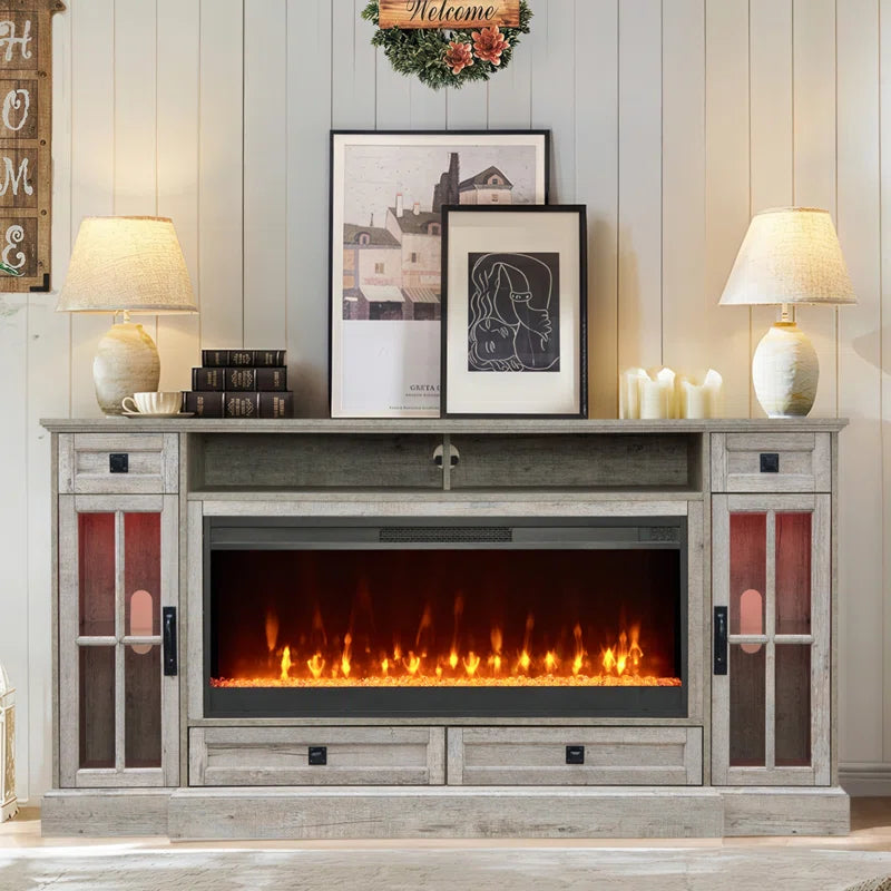 Aira 70"W Farmhouse Fireplace TV Stand with Timer, Wood Media Console for Tvs up to 80" with Fireplace Included