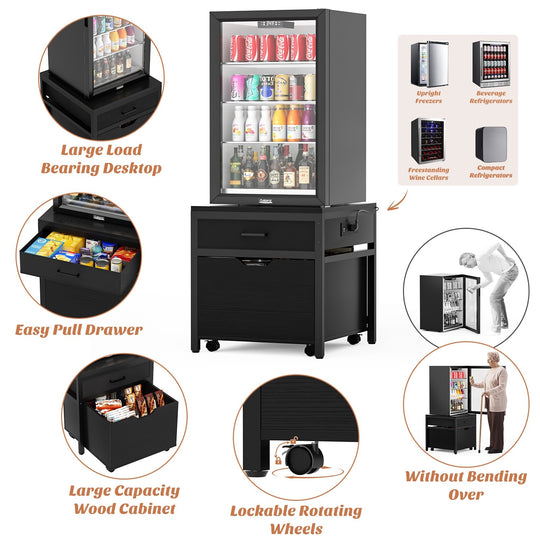 Mini Fridge Stand with Charge Station, Side/ End Table with Storage Drawers and Rolling Cabinet