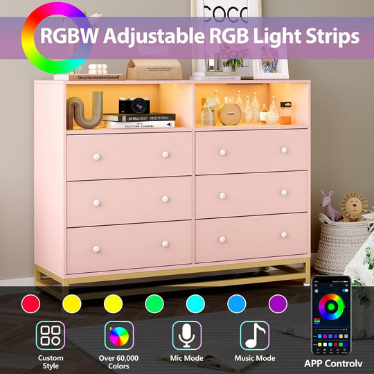 6 Drawer Dresser with Led Lights and Power Outlets