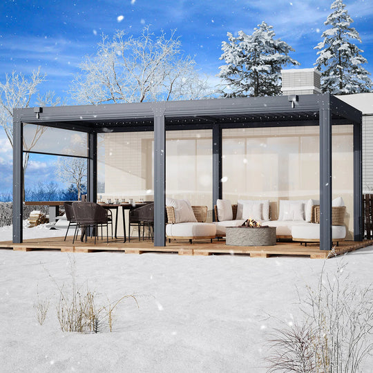 Outdoor Louvered Pergola Gazebo with Adjustable Aluminum Rainproof Roof and Pull-Down Screen