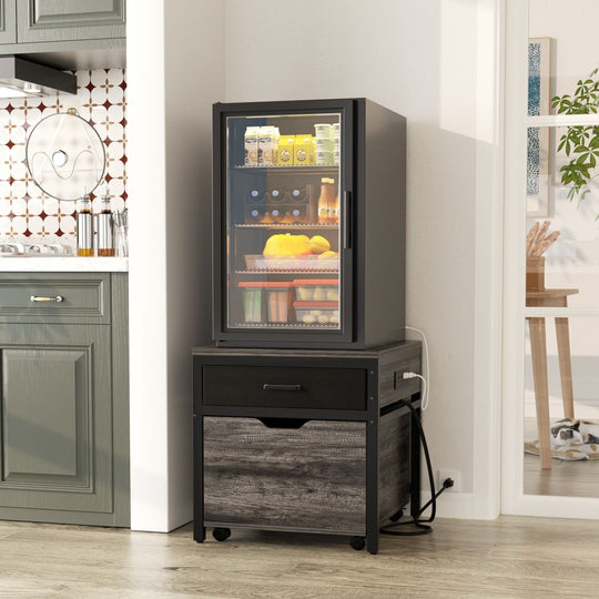 Mini Fridge Stand with Charge Station, Side/ End Table with Storage Drawers and Rolling Cabinet