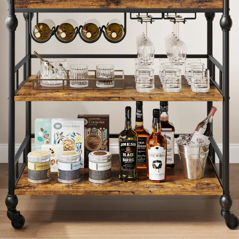 Serving Bar Cart for Home with Wine Rack & Glass Holders, Drink Trolley on Wheels