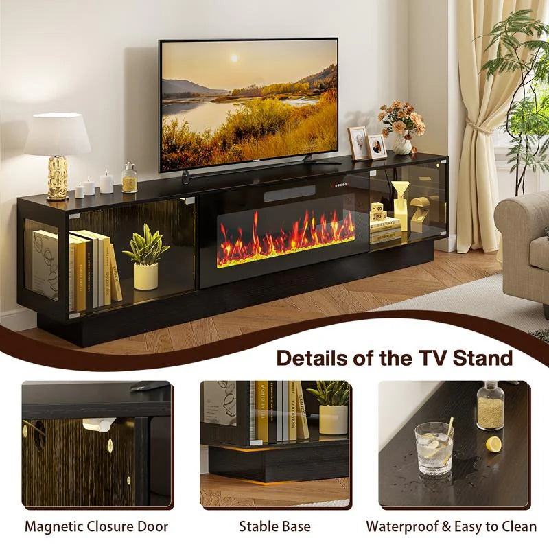 80" Fireplace TV Stand with Adjustable LED Lights, Modern Entertainment Center with Glass Door Storage Cabinet, Black