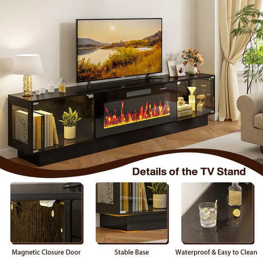 80" Fireplace TV Stand with Adjustable LED Lights, Modern Entertainment Center with Glass Door Storage Cabinet, Black