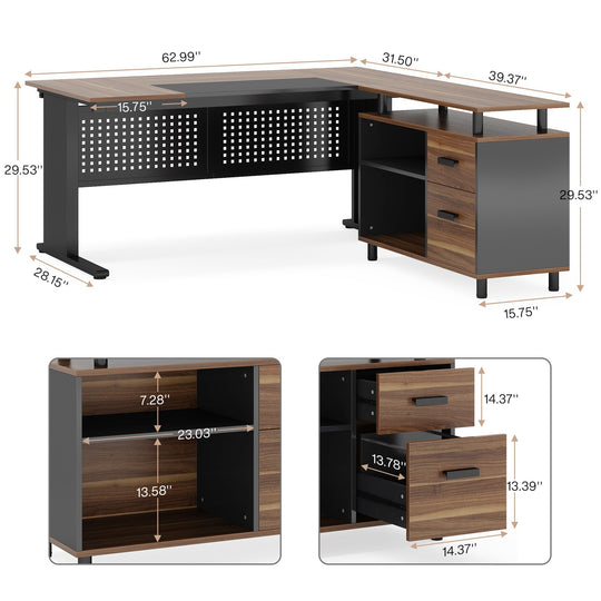 63 Inch Executive Desk with File Cabinet, Large Office Desk L Shaped Desk