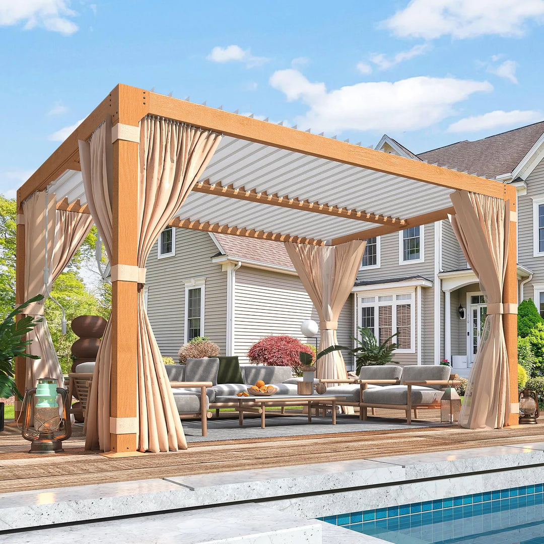 Outdoor Louvered Pergola Gazebo with Adjustable Aluminum Rainproof Roof and Pull-Down Screen