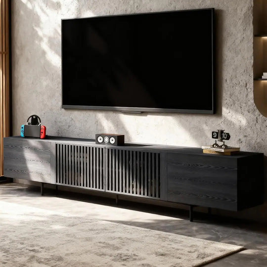 94.48 Inch Extra Long Black TV Stand with Slatted Doors, Modern Entertainment Center for Tvs up to 100 Inches,