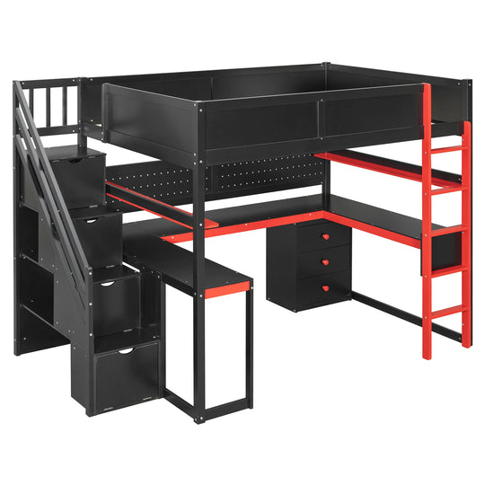 Full Size Wooden Gaming Loft Bed with Storage Stairs, Desk, Shelves and Pegboard
