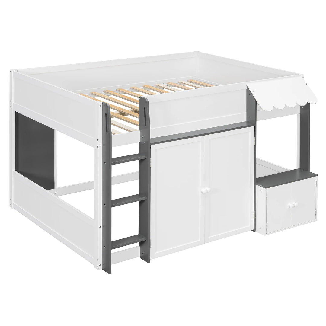 Full Loft House Bed with Playhouse Storage Modern Wood Cabin Bed for Kids