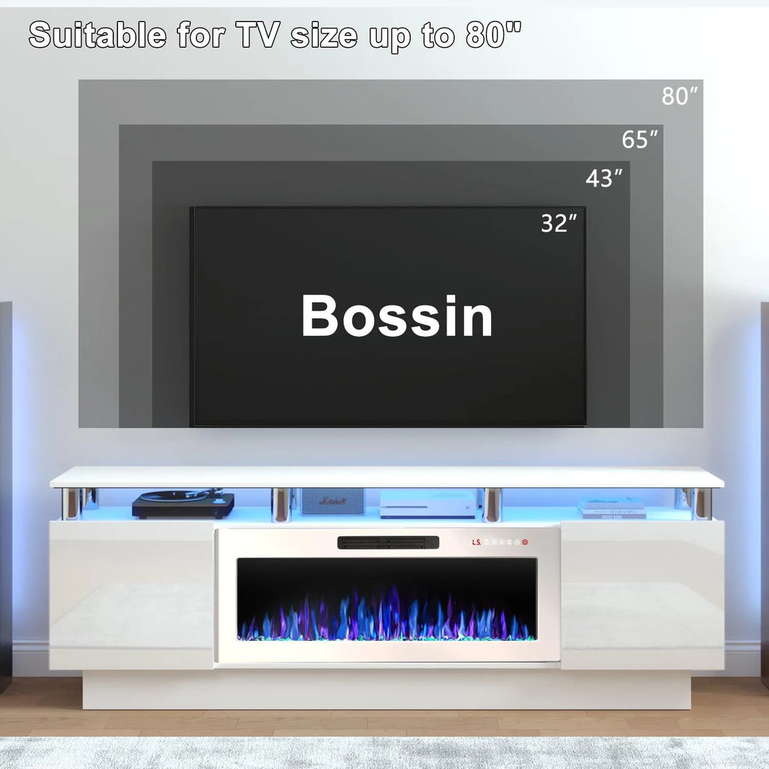 70" Modern Electric Fireplace TV Stand, with Electronic Flame and LED Lights, High Gloss Finish Entertainment Center