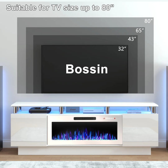 70" Modern Electric Fireplace TV Stand, with Electronic Flame and LED Lights, High Gloss Finish Entertainment Center