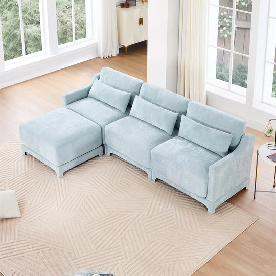 Modern Chenille 4-Seater Sofa with 2 Ottoman, Lumbar Cushions, Ergonomic Backrest, High-Resilience Spongeand Tufted Armrests