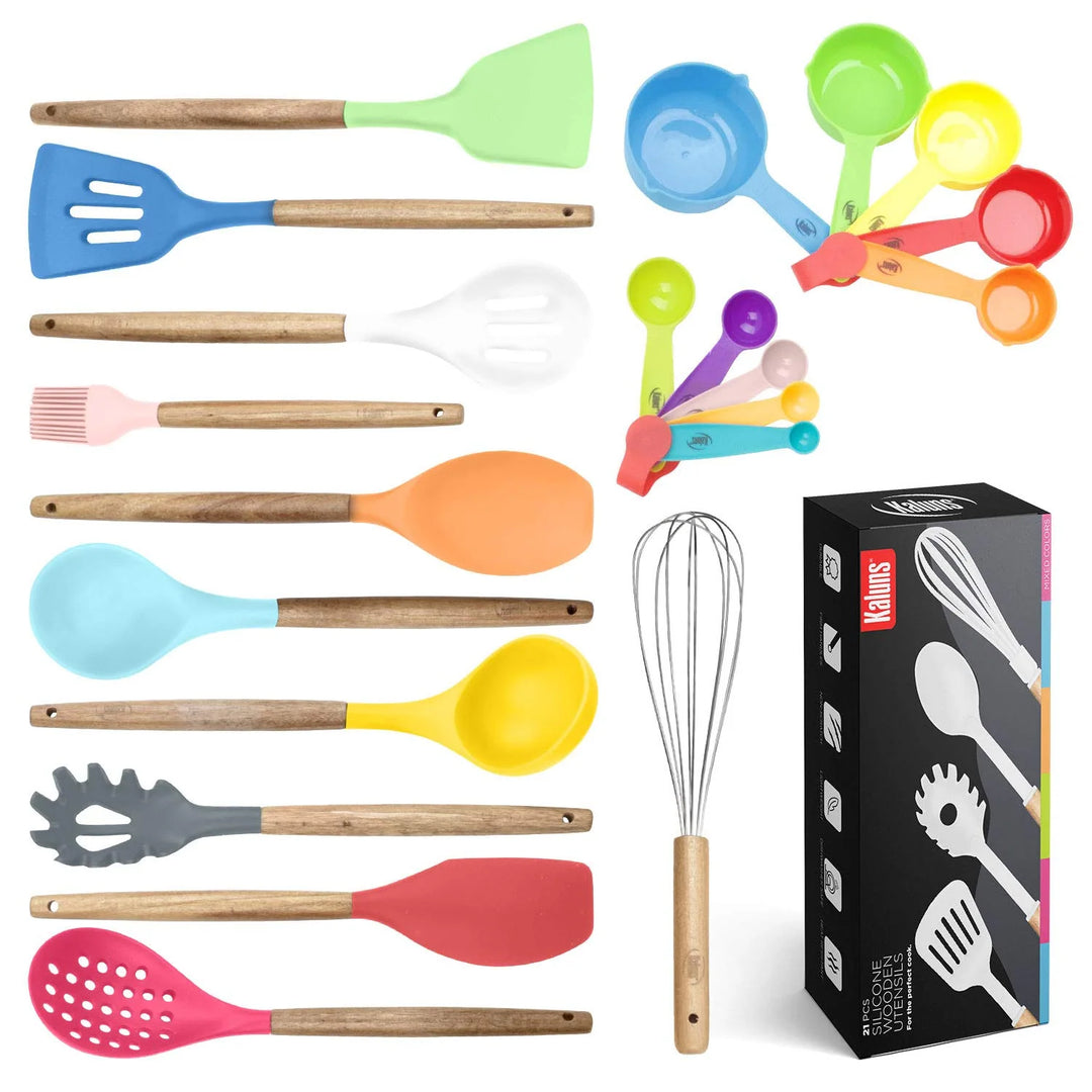 Kitchen Utensils Set, 21 Wood and Silicone Cooking Utensils