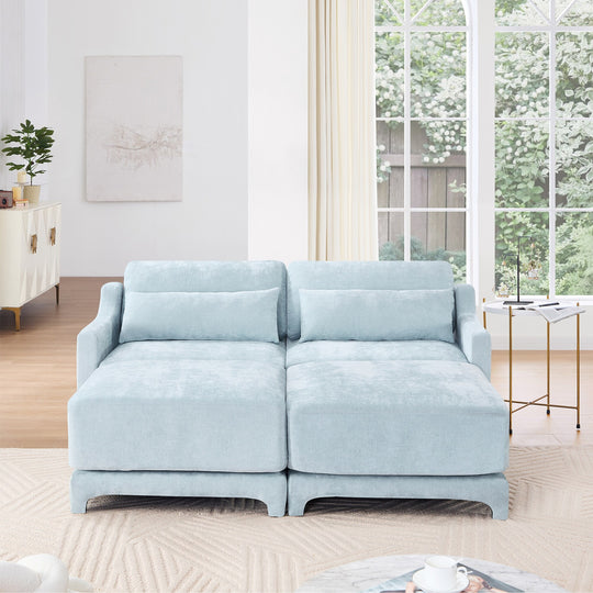 Modern Chenille 4-Seater Sofa with 2 Ottoman, Lumbar Cushions, Ergonomic Backrest, High-Resilience Spongeand Tufted Armrests