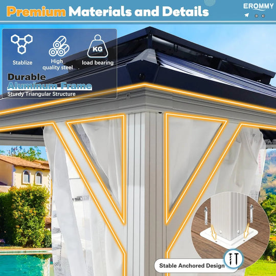 Outdoor Hardtop Gazebo W Galvanized Steel Double Roof & Aluminum Frame, 10'X12' Pergola with Premium Curtains and Nettings
