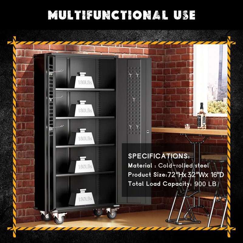 Metal Garage Storage Cabinets with Wheels & Pegboard, 72"H Rolling Storage Cabinet with Lockable Doors and 4 Adjustable Shelves, (72" H×32" W×16" D)