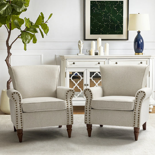 Nyctelius Upholstered Comfy Accent Chair with Turned Wooden Legs and Nailhead Trim Set of 2 by