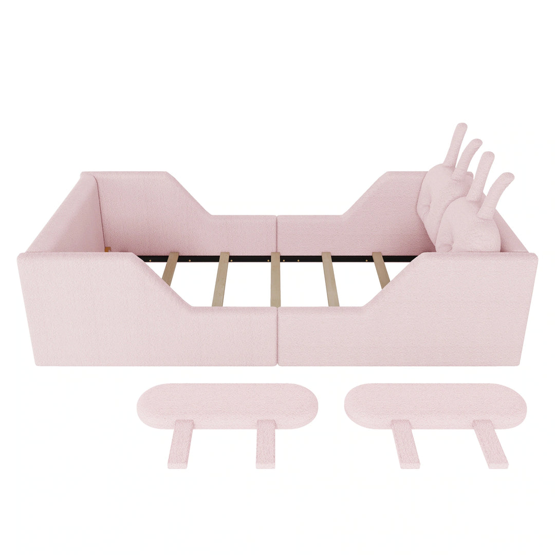 Twin Size Upholstered Platform Bed with Rabbit Cushion, Floor Upholstered Bed with Removable Side Rails
