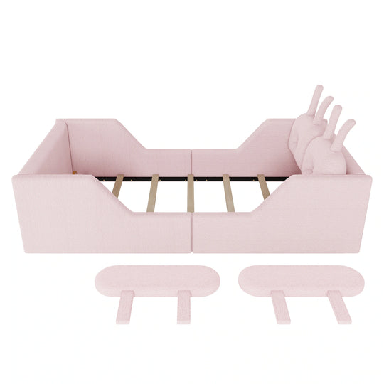 Twin Size Upholstered Platform Bed with Rabbit Cushion, Floor Upholstered Bed with Removable Side Rails