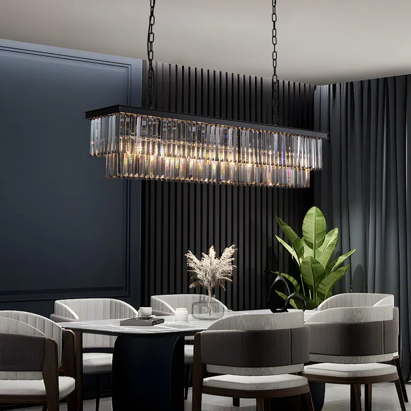 47 In. Smoked Gray and Black Modern Contemporary Crystal Chandelier 2-Tier Linear Kitchen Island Pendant Light for Dining Room