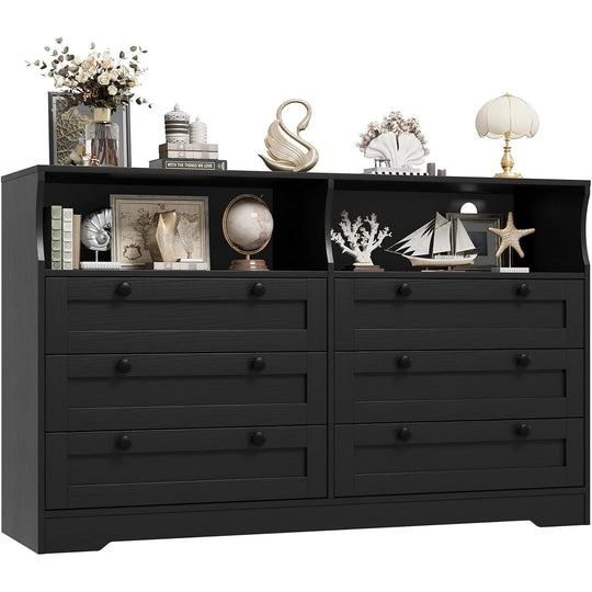 55" Black 6-Drawer Wood Dresser, Modern Storage Organizer for Bedroom, Living Room, Closet & Entryway