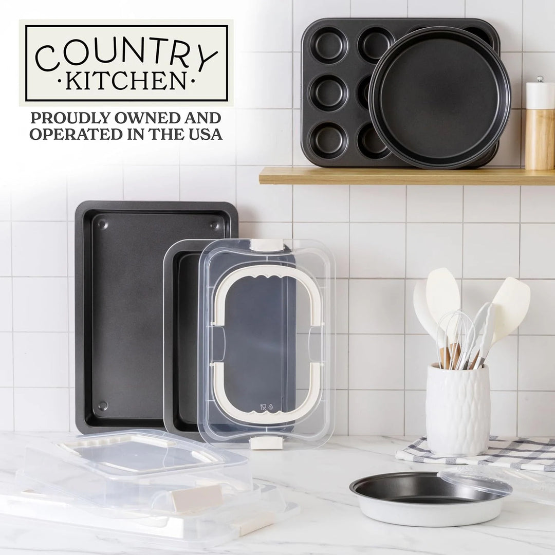 Baking Pans Set 10 Piece Non-Stick Cake Pans with Carry Lids for Storage & Travel, Perfect for Parties Stackable