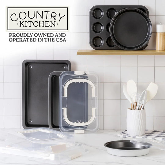 Baking Pans Set 10 Piece Non-Stick Cake Pans with Carry Lids for Storage & Travel, Perfect for Parties Stackable