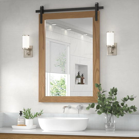 Farmhouse Barn Door Solid Wood Frame Bathroom Vanity Wall Mirror