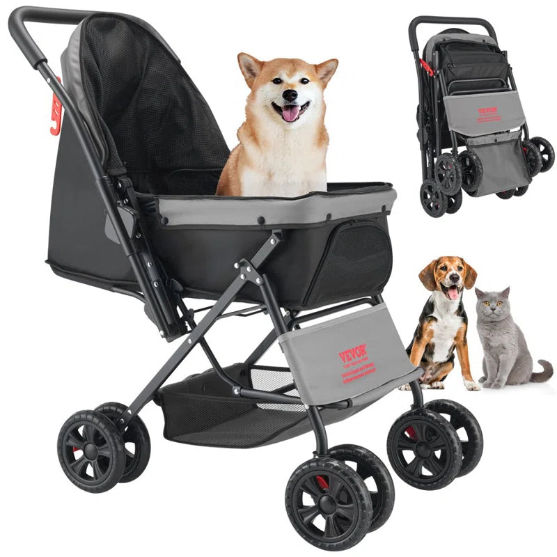Pet Stroller Foldable 4 Wheels Travel Dog Stroller Reversible Handle up to 44Lbs