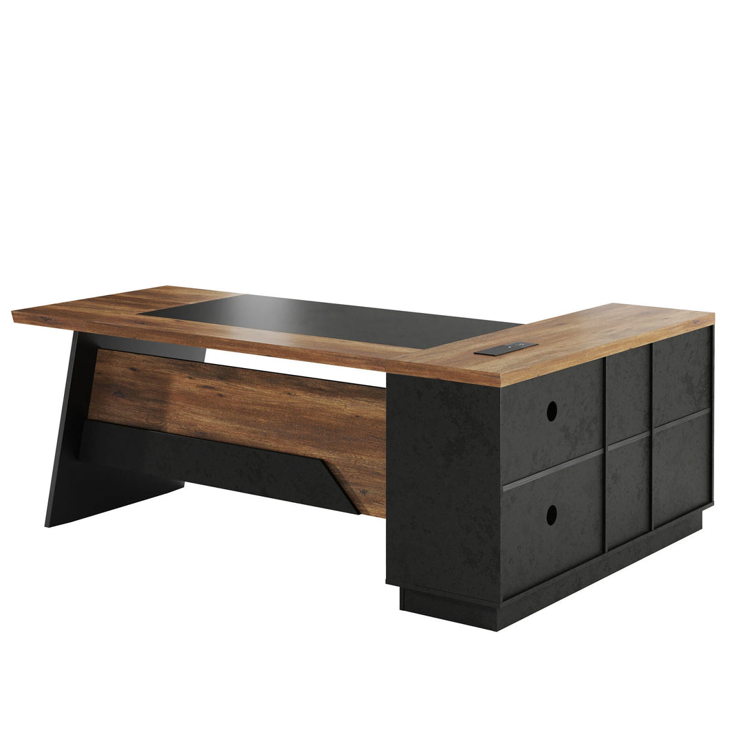 78.74 Inches L-Shape Executive Desk, Industrial Wood Desk with Cabinet Drawer Storage Shelves